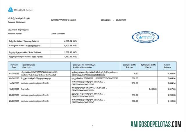 Modelo Word e PDF de extrato de conta bancária da Georgia TBC para download